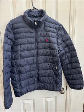 Ralph Lauren Navy Quilted Puffer Jacket with Red Polo Logo